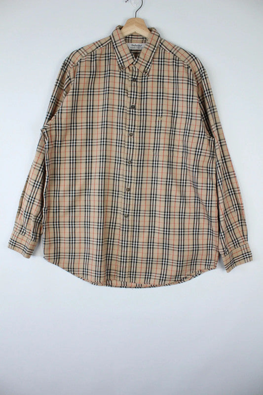 Vintage Burberrys Giant Nova Check Tan Beige Button Down Cotton Shirt | Large