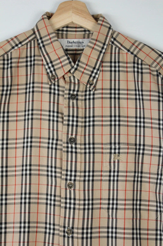 Vintage Burberrys Giant Nova Check Tan Beige Button Down Cotton Shirt | Large