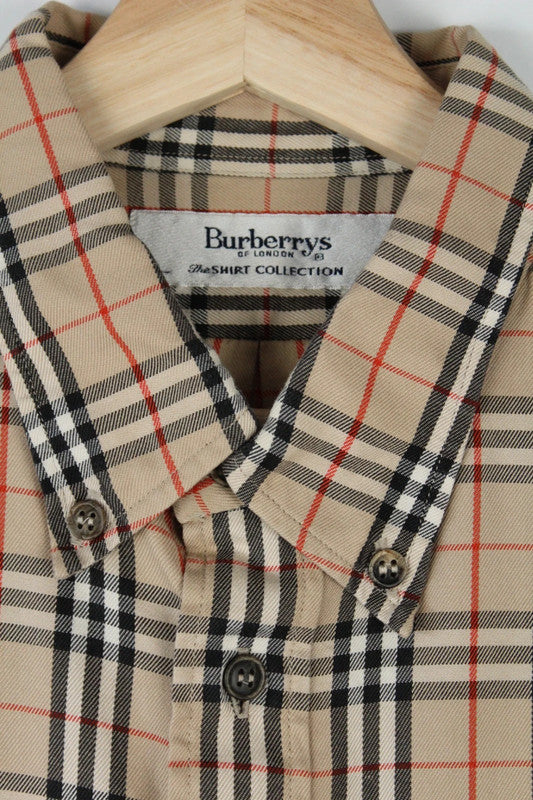 Vintage Burberrys Giant Nova Check Tan Beige Button Down Cotton Shirt | Large