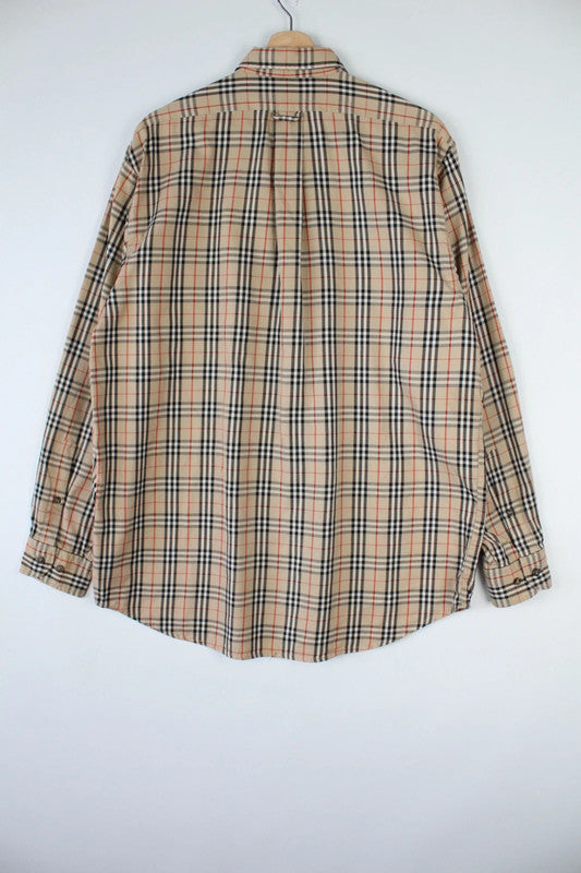 Vintage Burberrys Giant Nova Check Tan Beige Button Down Cotton Shirt | Large