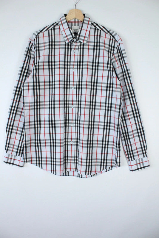 Burberry London White Pale Grey Nova Check Long Sleeve Cotton Poplin Shirt | Large