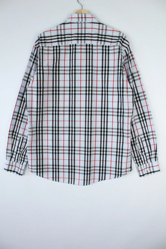 Burberry London White Pale Grey Nova Check Long Sleeve Cotton Poplin Shirt | Large