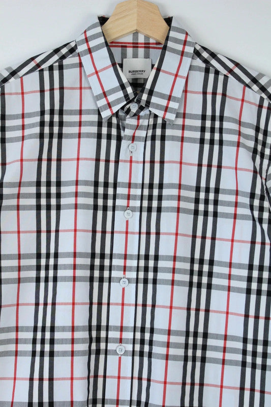 Burberry London White Pale Grey Nova Check Long Sleeve Cotton Poplin Shirt | Large