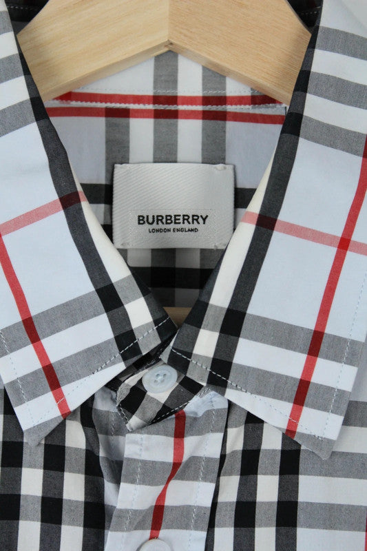 Burberry London White Pale Grey Nova Check Long Sleeve Cotton Poplin Shirt | Large