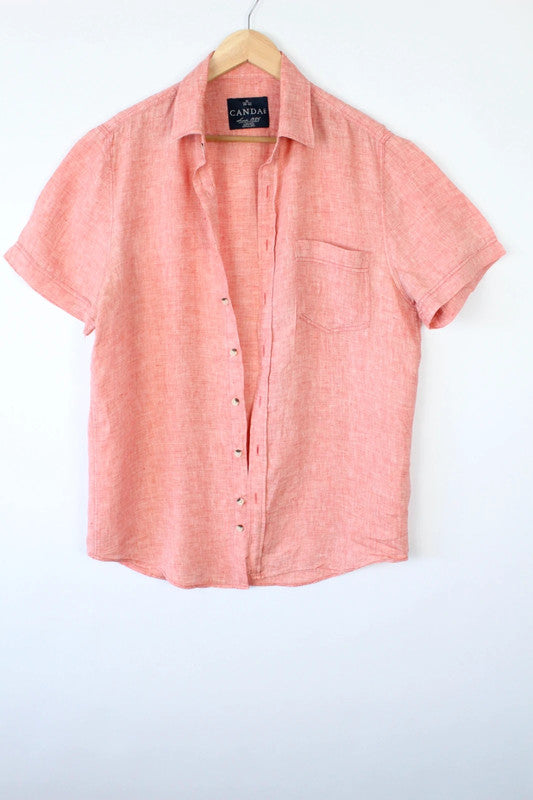 C&A salmon pink linen short sleeve shirt with subtle grain texture and chest pocket.