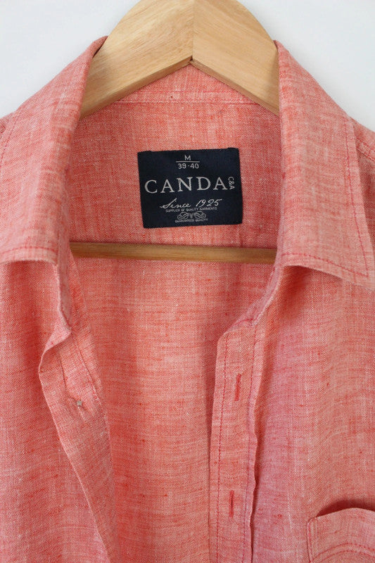 C&A salmon pink linen short sleeve shirt with subtle grain texture and chest pocket.