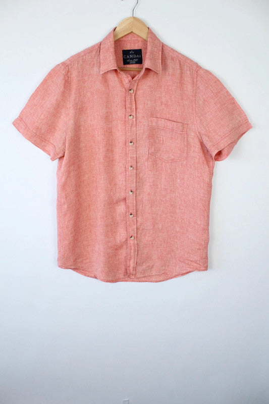 C&A salmon pink linen short sleeve shirt with subtle grain texture and chest pocket.