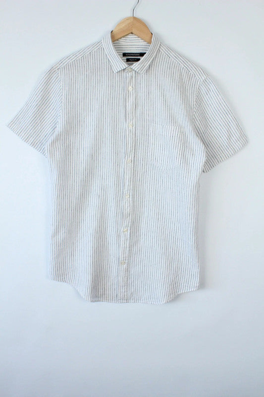 Monoprix navy and white striped short sleeve shirt, tapered fit, lightweight linen blend.