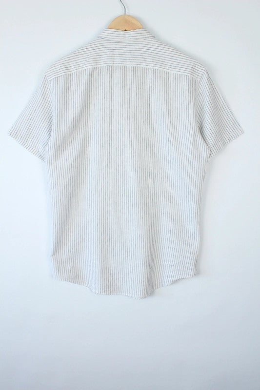 Monoprix navy and white striped short sleeve shirt, tapered fit, lightweight linen blend.