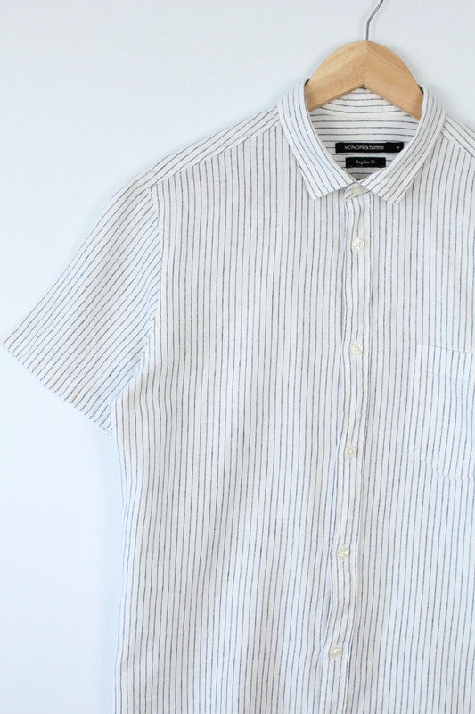 Monoprix navy and white striped short sleeve shirt, tapered fit, lightweight linen blend.