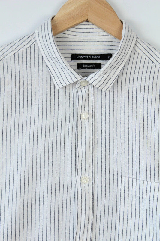 Monoprix navy and white striped short sleeve shirt, tapered fit, lightweight linen blend.
