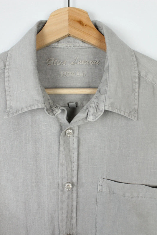 Blue Lemon men's long sleeve shirt light grey pure linen with subtle slub texture.