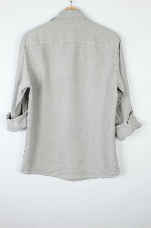 Blue Lemon men's long sleeve shirt light grey pure linen with subtle slub texture.