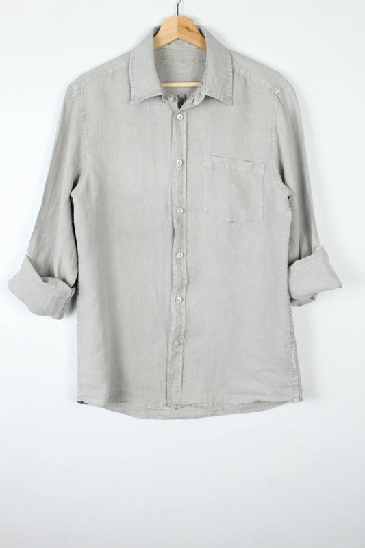 Blue Lemon men's long sleeve shirt light grey pure linen with subtle slub texture.