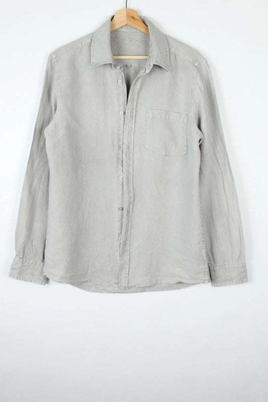 Blue Lemon men's long sleeve shirt light grey pure linen with subtle slub texture.