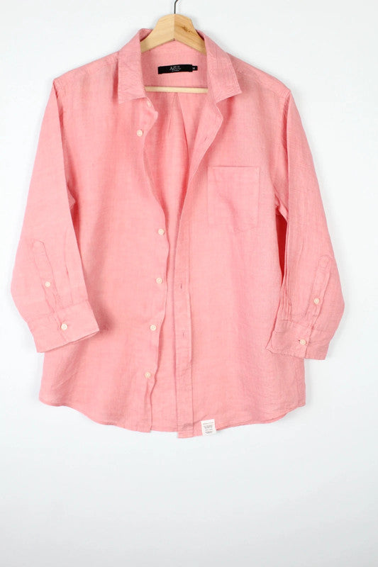 MOUSSY salmon pink linen tunic blouse with 3/4 sleeves and buttoned cuffs.