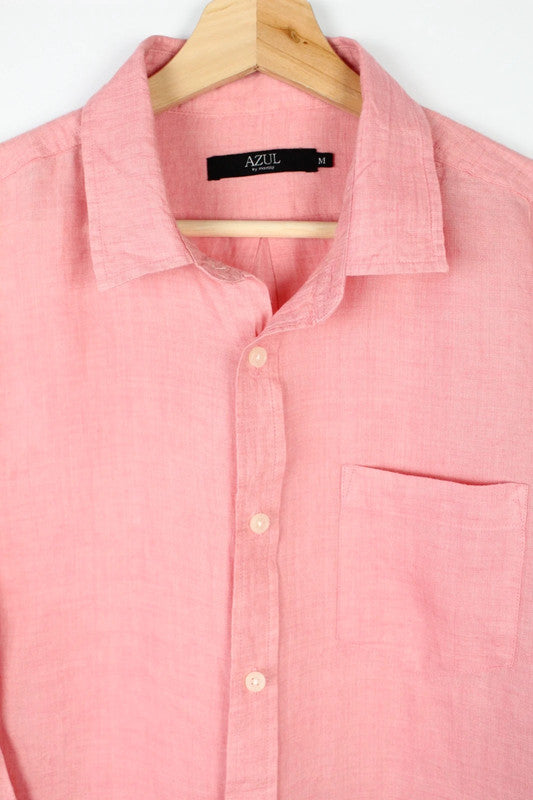 MOUSSY salmon pink linen tunic blouse with 3/4 sleeves and buttoned cuffs.