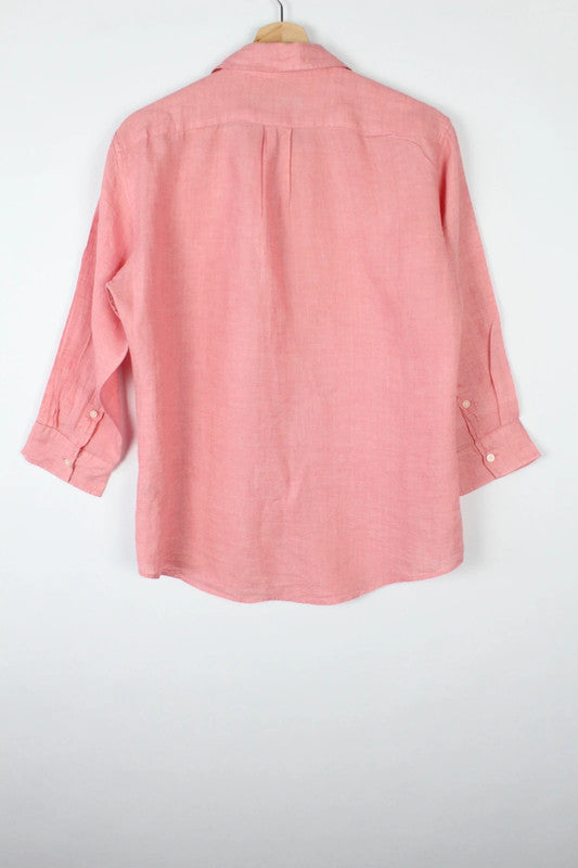 MOUSSY salmon pink linen tunic blouse with 3/4 sleeves and buttoned cuffs.