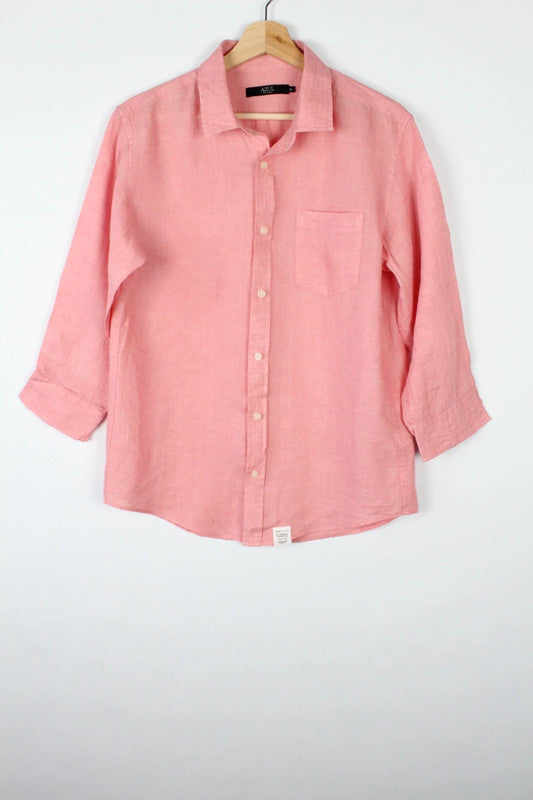 MOUSSY salmon pink linen tunic blouse with 3/4 sleeves and buttoned cuffs.