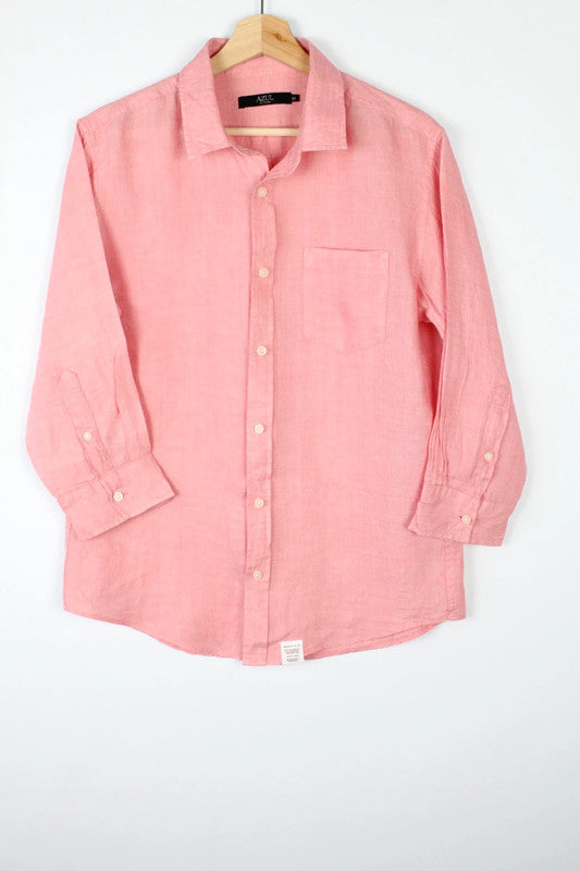 MOUSSY salmon pink linen tunic blouse with 3/4 sleeves and buttoned cuffs.