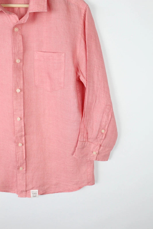MOUSSY salmon pink linen tunic blouse with 3/4 sleeves and buttoned cuffs.