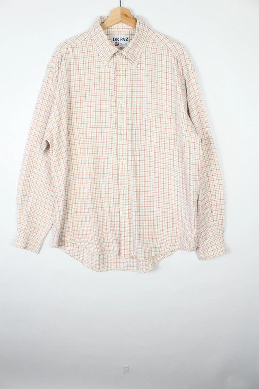 De Paz cream and orange Tattersall check long sleeve shirt in cotton twill.