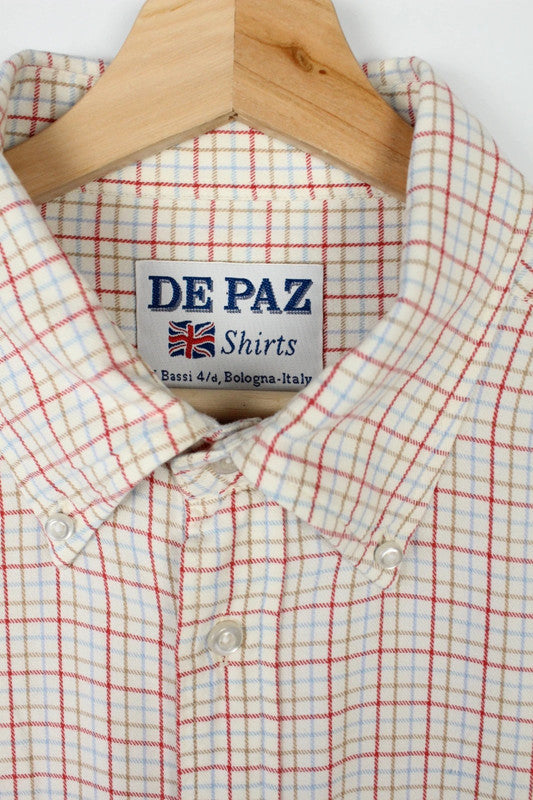 De Paz cream and orange Tattersall check long sleeve shirt in cotton twill.