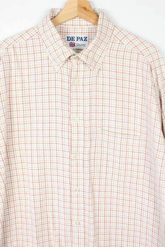 De Paz cream and orange Tattersall check long sleeve shirt in cotton twill.