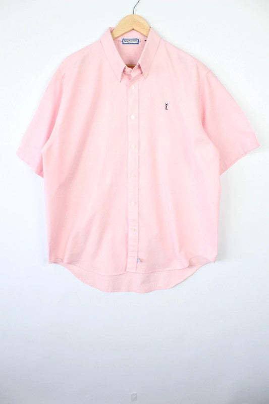 Yves Saint Laurent pink short sleeve shirt with black YSL monogram logo, oxford cotton blend.