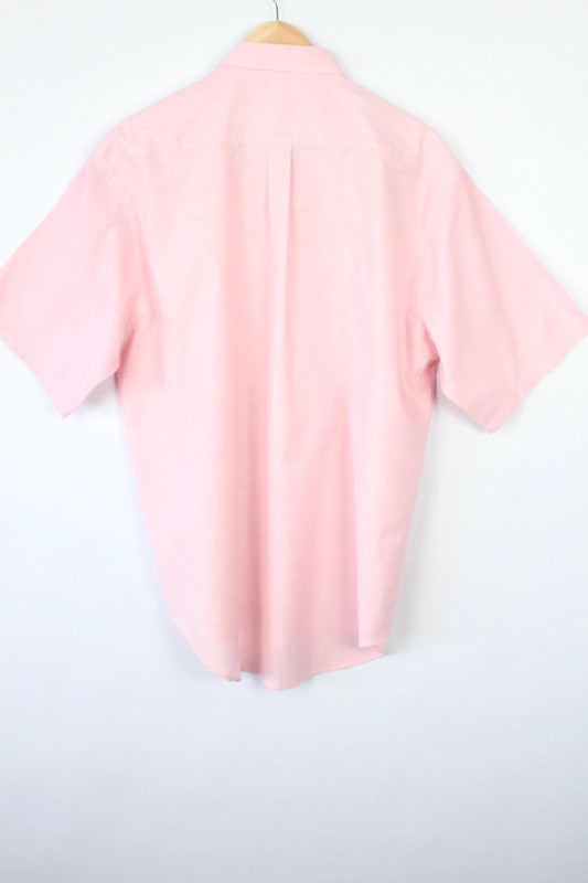 Yves Saint Laurent pink short sleeve shirt with black YSL monogram logo, oxford cotton blend.