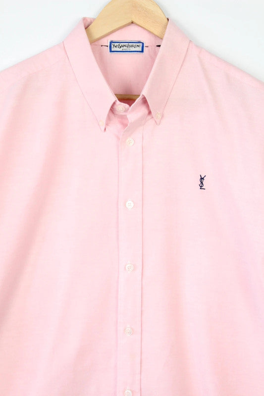 Yves Saint Laurent pink short sleeve shirt with black YSL monogram logo, oxford cotton blend.