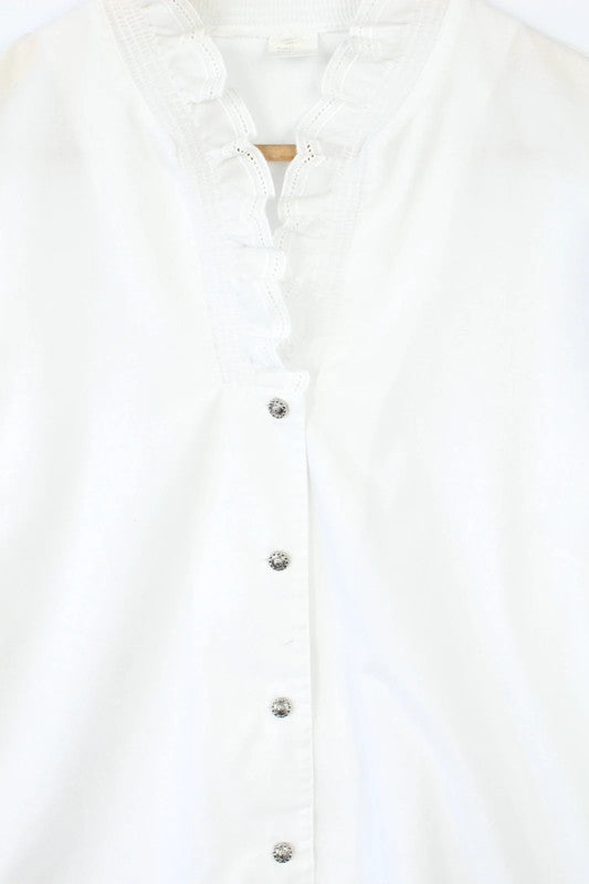 Vintage Dressing white tunic blouse ruffle collar broderie anglaise embroidered puff sleeves.