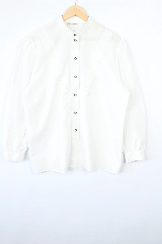 C&A white tunic blouse with asymmetric ruffle frill and mandarin collar.