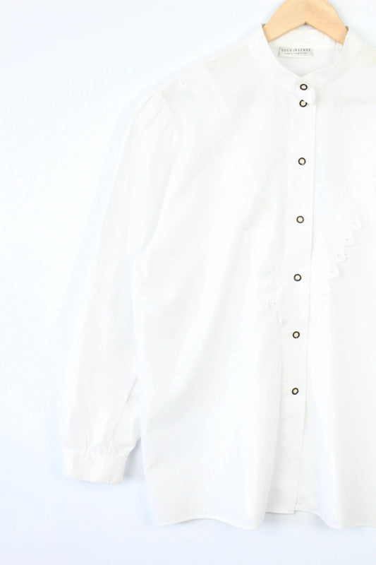 C&A white tunic blouse with asymmetric ruffle frill and mandarin collar.