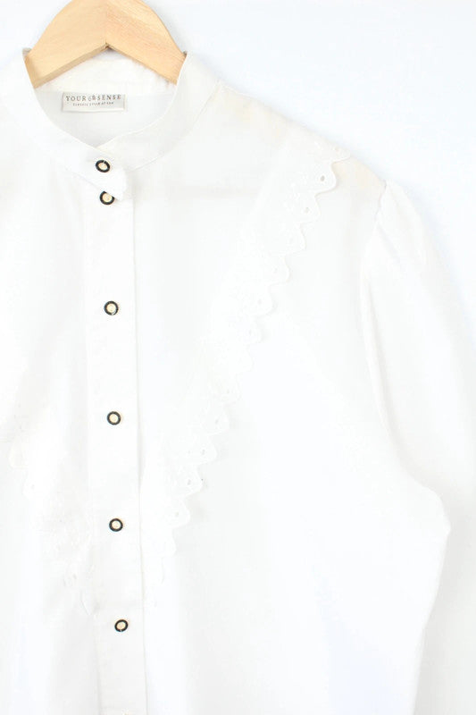 C&A white tunic blouse with asymmetric ruffle frill and mandarin collar.