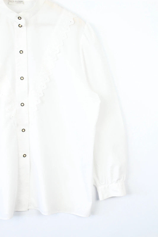 C&A white tunic blouse with asymmetric ruffle frill and mandarin collar.