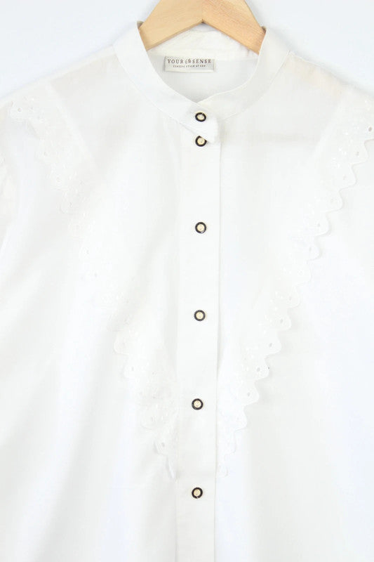 C&A white tunic blouse with asymmetric ruffle frill and mandarin collar.