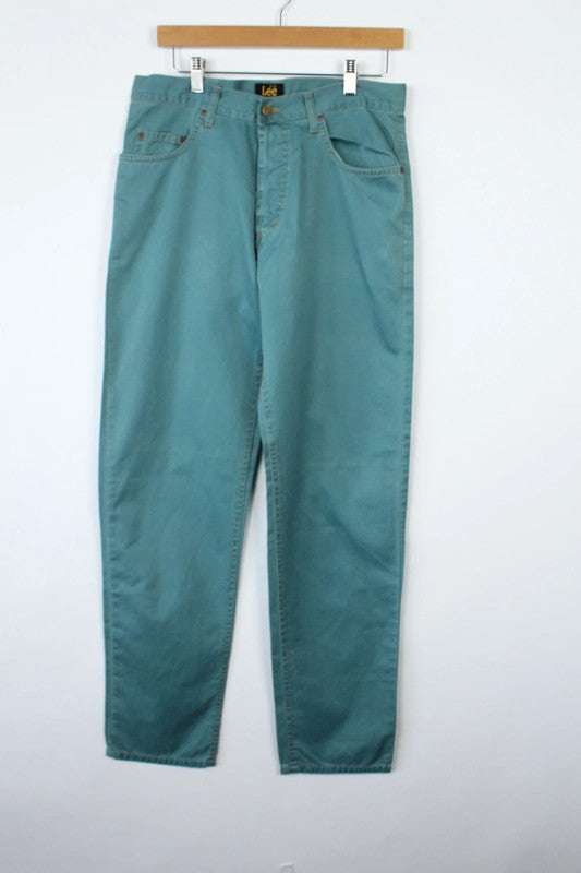 Lee teal green chino trousers vintage straight leg cotton twill five-pocket design