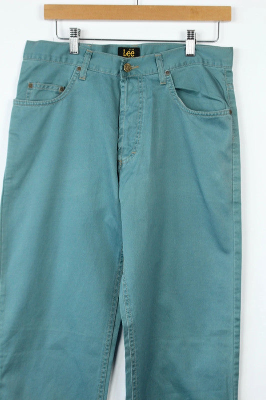 Lee teal green chino trousers vintage straight leg cotton twill five-pocket design