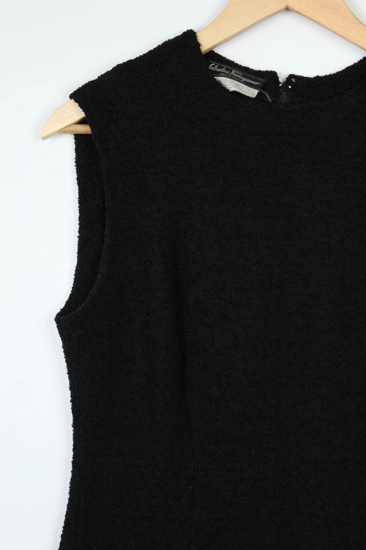 Salvatore Ferragamo black wool blend shift dress with subtle textured weave and sleeveless design.