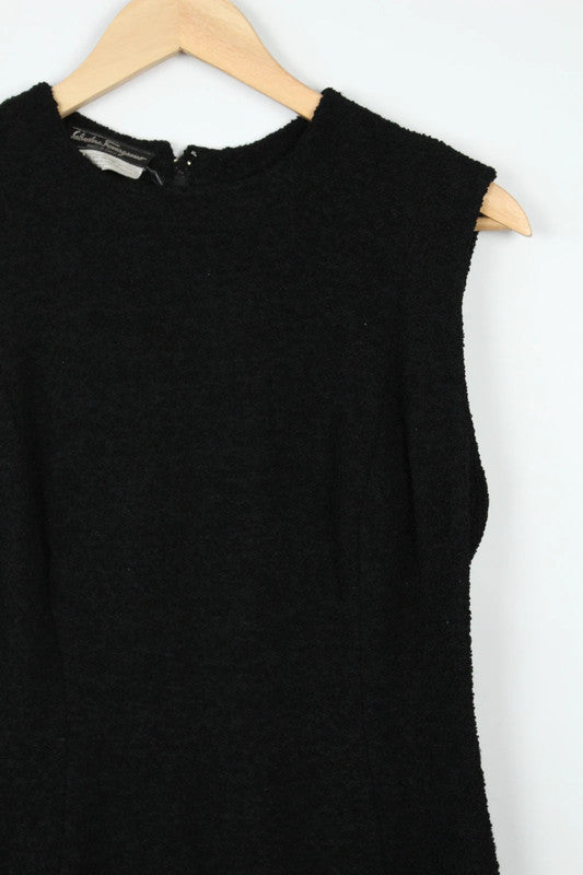 Salvatore Ferragamo black wool blend shift dress with subtle textured weave and sleeveless design.