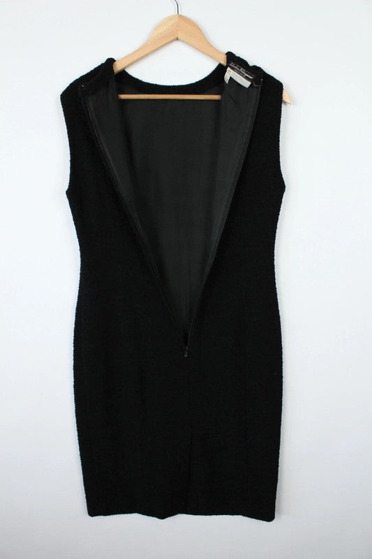 Salvatore Ferragamo black wool blend shift dress with subtle textured weave and sleeveless design.