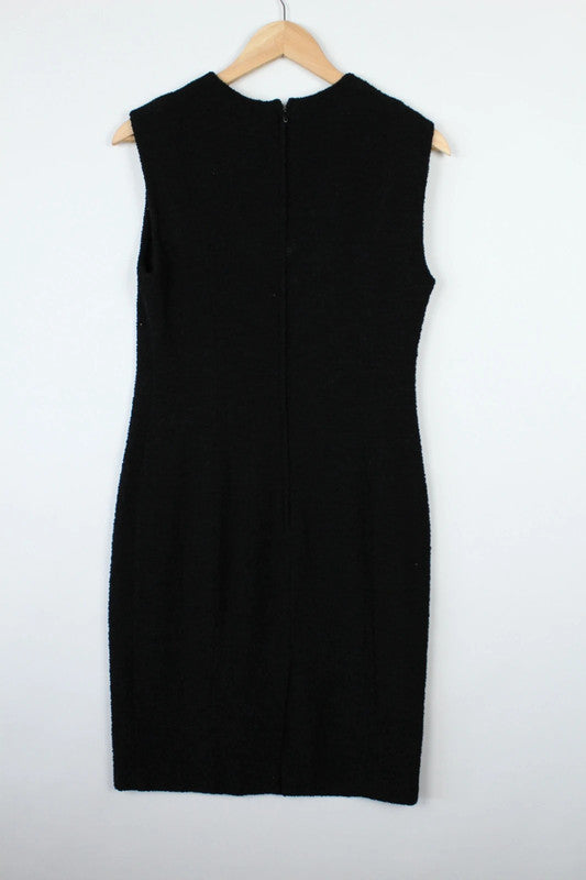 Salvatore Ferragamo black wool blend shift dress with subtle textured weave and sleeveless design.