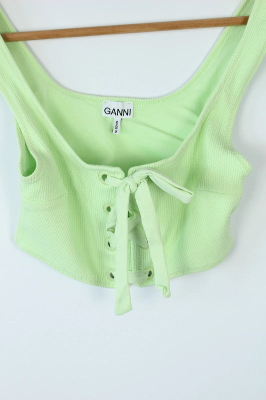Ganni green ribbed lace-up corset bralette with square neckline and adjustable ties.