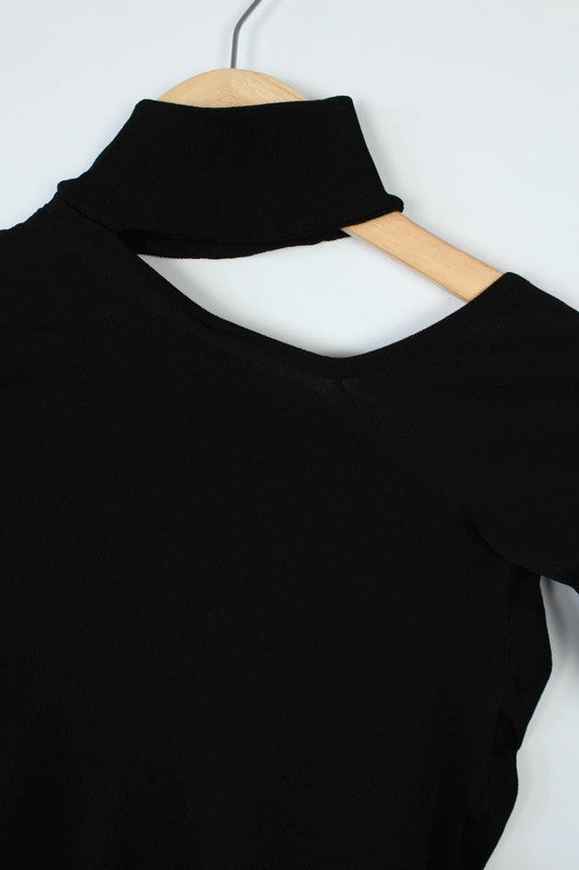 Ben Taverniti Unravel Project black asymmetric cut-out turtleneck vest in soft stretch knit.