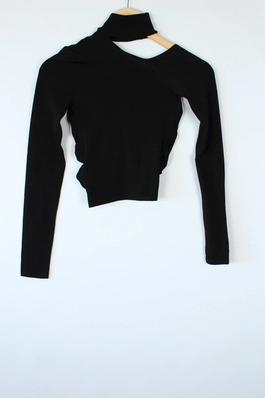 Ben Taverniti Unravel Project black asymmetric cut-out turtleneck vest in soft stretch knit.