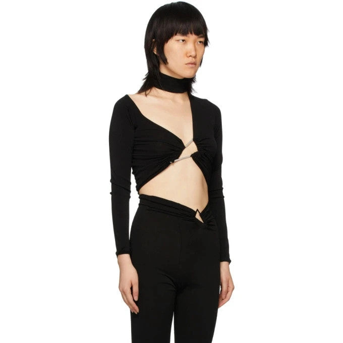 Ben Taverniti Unravel Project black asymmetric cut-out turtleneck vest in soft stretch knit.