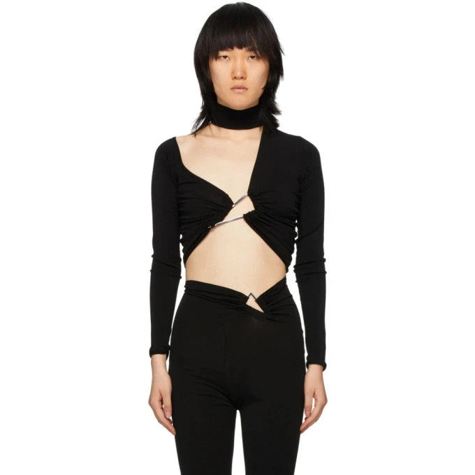 Ben Taverniti Unravel Project black asymmetric cut-out turtleneck vest in soft stretch knit.