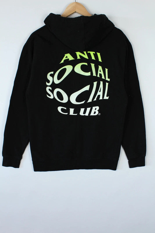 Anti Social Social Club black hoodie with neon green graphic text and soft fleece material.
