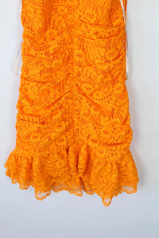 For Love & Lemons orange lace mini dress with floral pattern and plunge V-neckline.